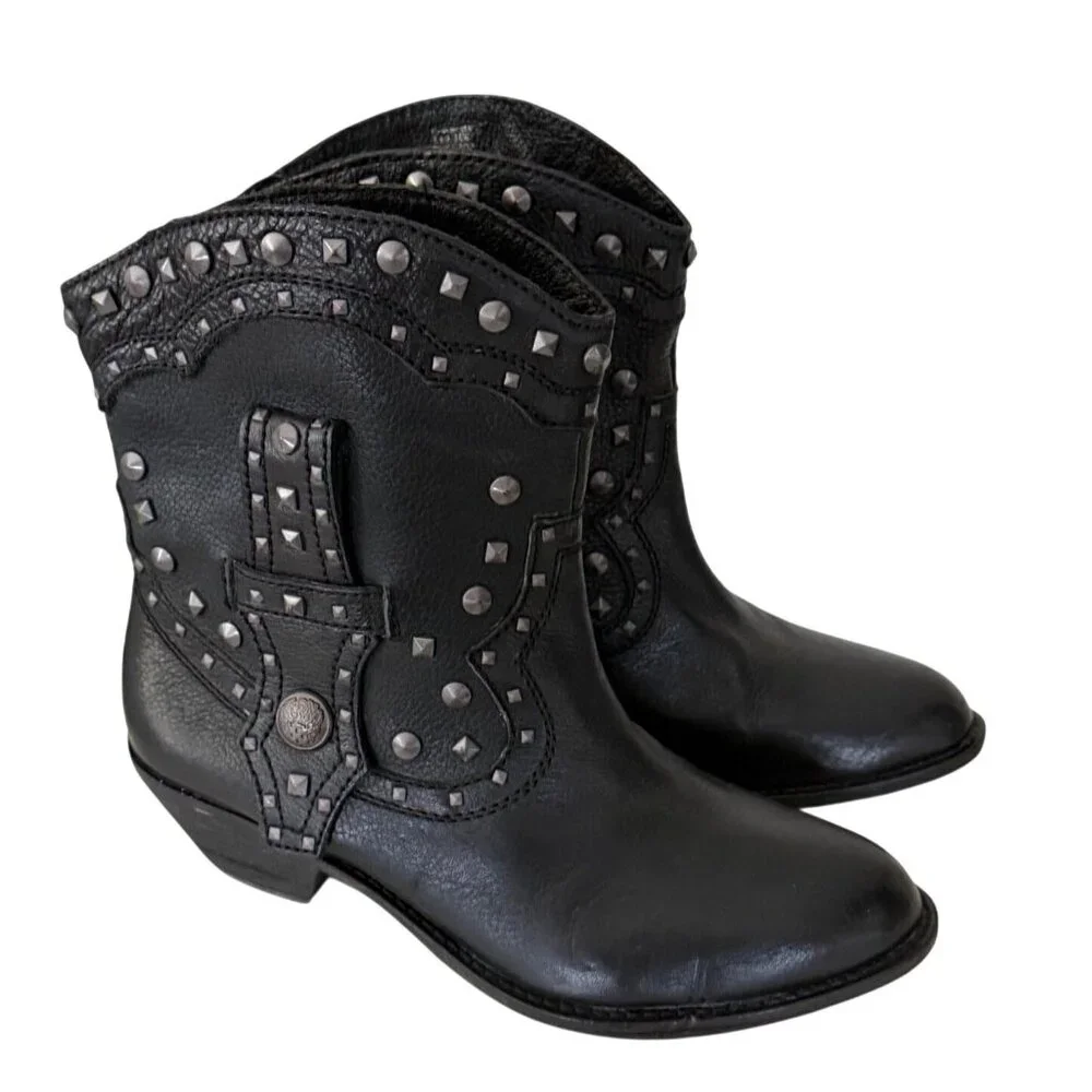 Vince Camuto Black Leather Gunmetal Studded Ankle Boots Size 8.5 B